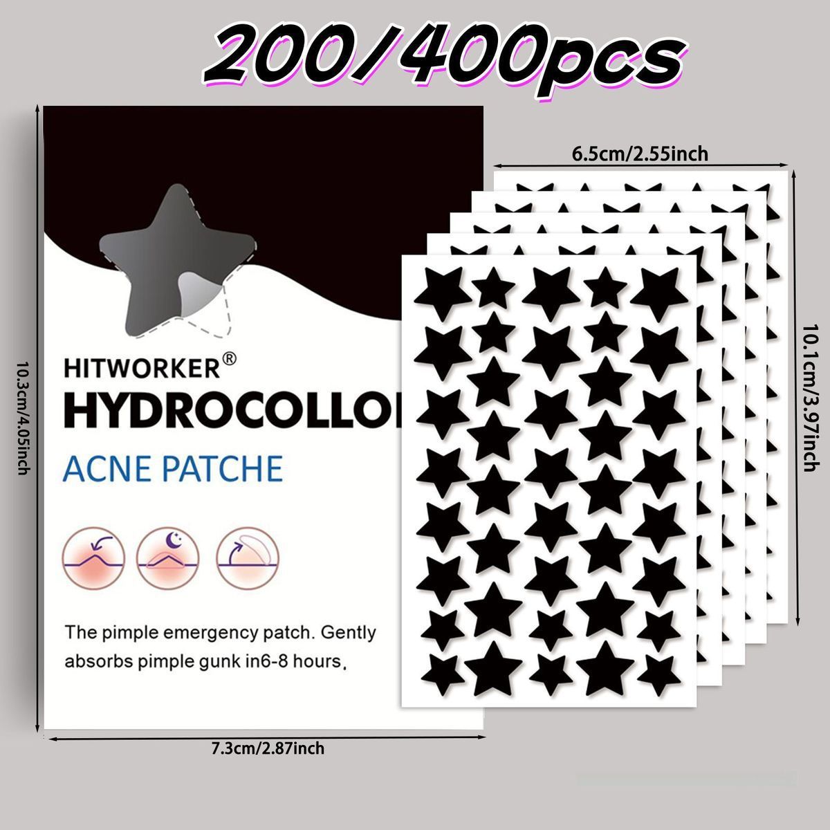 HITWORKER Black Star Hydrocolloid Patches - 200 or 400 Pieces