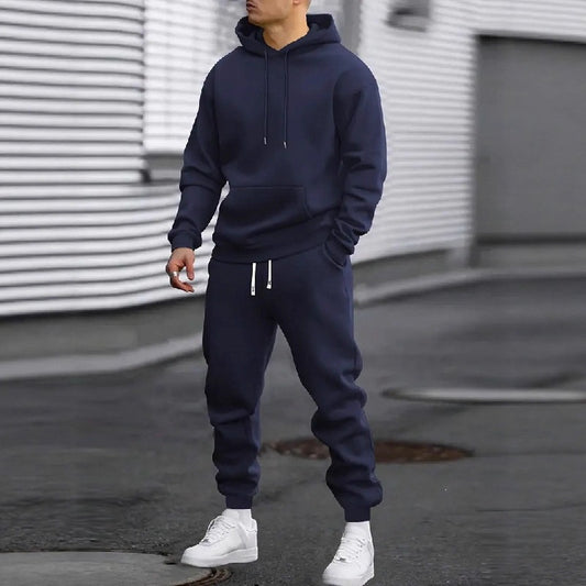 Mens Solid Color Hooded Sweatshirt and Pants Set